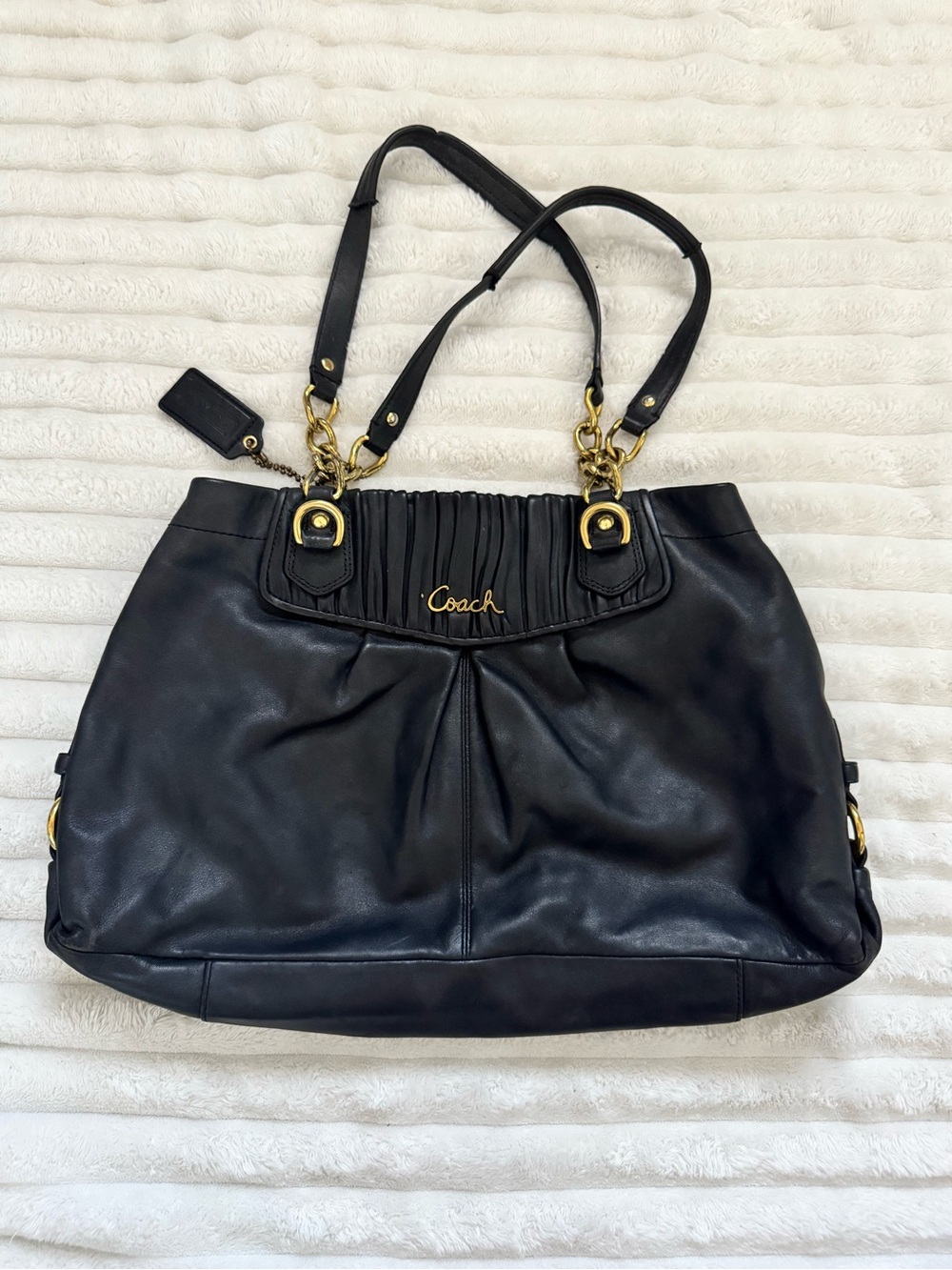 Coach Black Leather Shoulder Tote with Gold-Tone Accents
